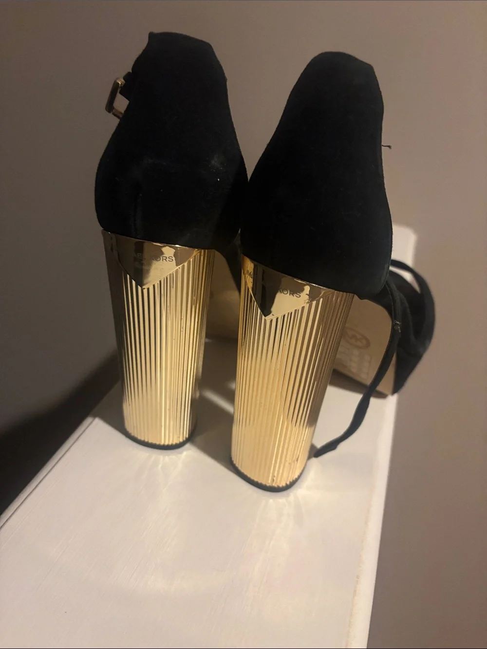 Michael Kors Black Suede Platform Sandals with Gold Ribbed Block Heel